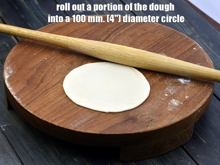 Step 14 – <p><span style="background-color:rgb(255,255,255);color:rgb(0,0,0);">Roll out a portion of the dough into a 100 mm. (4") diameter circle …