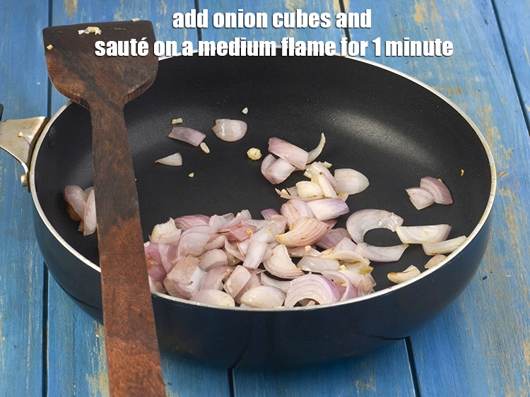 Step 4 – <p>Add the <span style="background-color:rgb(255,255,255);color:rgb(0,0,0);">1/2 cup </span><a href="https://www.tarladalal.com/glossary-onions-pyaz-pyaaz-kanda-548i#ing_2335"><u>onion cubes</u></a><span style="background-color:rgb(255,255,255);color:rgb(0,0,0);"> and <strong>sauté</strong> on a medium flame …