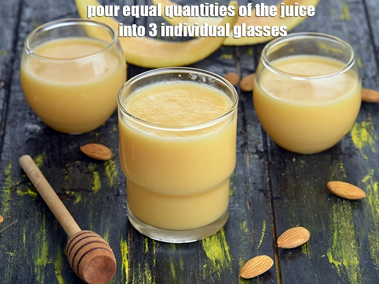 Step 5 – <p><span style="background-color:rgb(255,255,255);color:rgb(0,0,0);">Pour equal quantities of the juice into 3 individual glasses.</span></p>