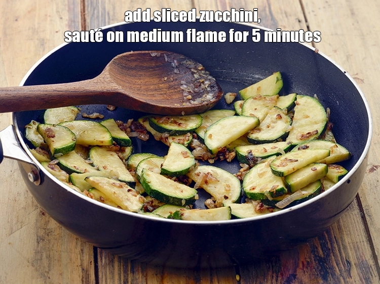 Step 4 – <p><span style="background-color:rgb(255,255,255);color:rgb(0,0,0);">Add the 1 cup </span><a href="https://www.tarladalal.com/glossary-zucchini-courgrette-summer-squash-658i#ing_2355"><u>sliced zucchini</u></a><span style="background-color:rgb(255,255,255);color:rgb(0,0,0);"> and <strong>sauté</strong> on medium flame for …