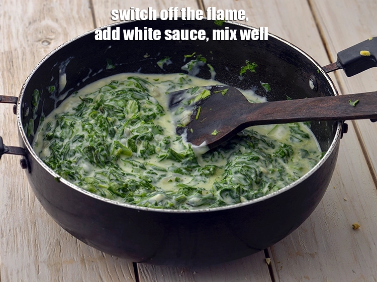 Step 3 – <p><span style="background-color:rgb(255,255,255);color:rgb(0,0,0);"><strong>Switch off the flame</strong>, add the 1 cup </span><a href="https://www.tarladalal.com/white-sauce---for-baking-113r"><u>white sauce</u></a><span style="background-color:rgb(255,255,255);color:rgb(0,0,0);">, mix well …
