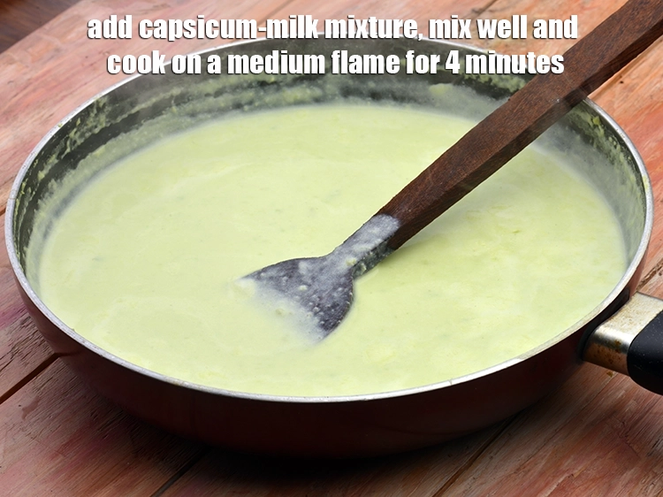 Step 6 – <p><span style="background-color:rgb(255,255,255);color:rgb(0,0,0);">Add the <strong>capsicum-milk mixture</strong>, mix well and cook on a medium flame for 4 …
