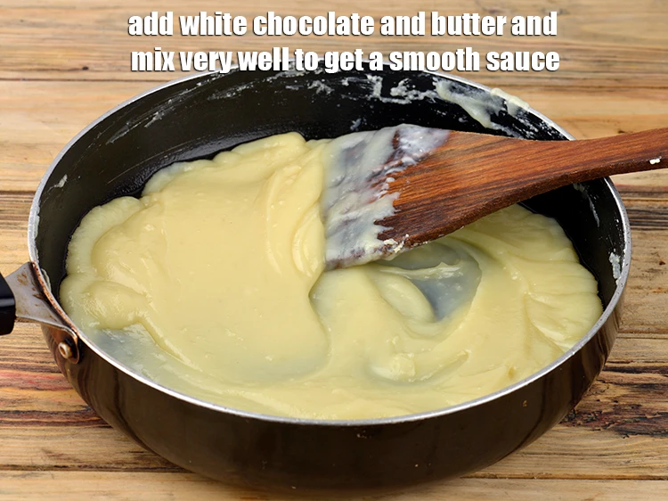 Step 2 – <p><span style="background-color:rgb(255,255,255);color:rgb(0,0,0);">Remove from the flame, add the 1 cup roughly </span><a href="https://www.tarladalal.com/glossary-white-chocolate-329i#ing_3376"><u>chopped white chocolate</u></a><span style="background-color:rgb(255,255,255);color:rgb(0,0,0);"> …