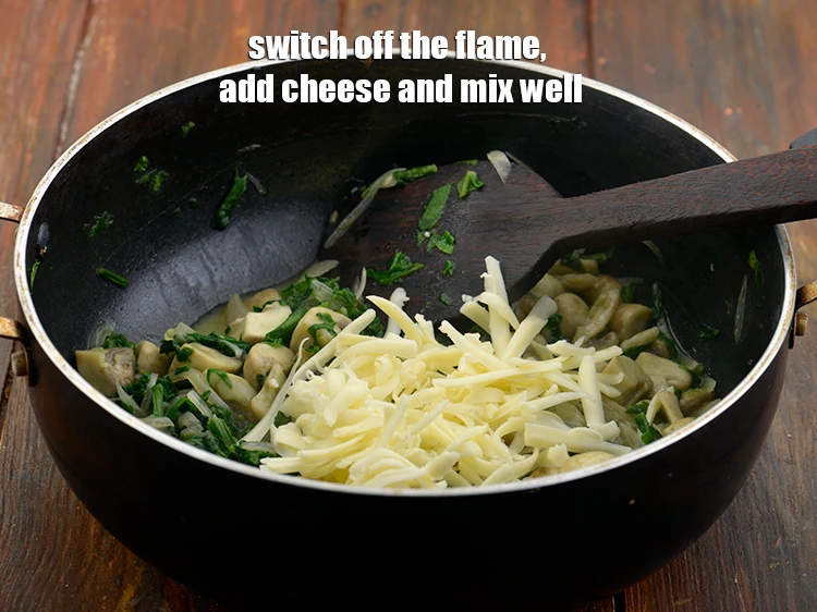 Step 10 – <p><span style="background-color:rgb(255,255,255);color:rgb(0,0,0);"><strong>Switch off the flame</strong>, add the 1/4 cup </span><a href="https://www.tarladalal.com/glossary-processed-cheese-315i#ing_3090"><u>grated processed cheese</u></a><span style="background-color:rgb(255,255,255);color:rgb(0,0,0);"> and …