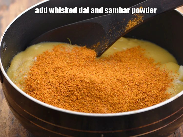 Step 13 – <p><span style="background-color:rgb(255,255,255);color:rgb(0,0,0);">Add the <strong>Add whisked dal </strong>and<strong> </strong>5 tsp </span><a href="https://www.tarladalal.com/glossary-sambar-powder-south-indian-sambar-powder-1193i"><u>sambar powder</u></a><span style="background-color:rgb(255,255,255);color:rgb(0,0,0);">.</span></p>