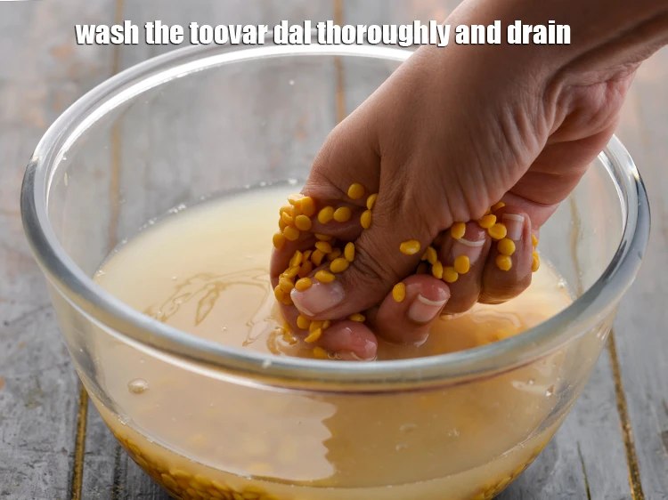 Step 2 – <p>Wash the <strong>toovar dal</strong> thoroughly and drain.</p>