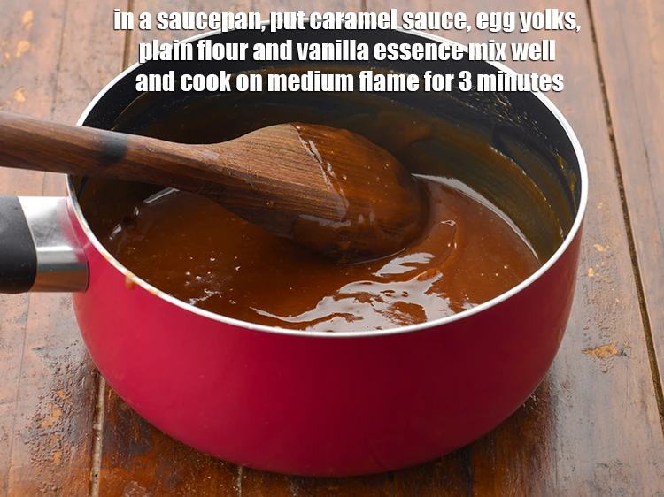 Step 3 – <p><span style="background-color:rgb(255,255,255);color:rgb(0,0,0);">Combine the <strong>caramel sauce</strong>, <strong>egg yolks</strong>, 1 tbsp </span><a href="https://www.tarladalal.com/glossary-plain-flour-maida-188i"><u>plain flour (maida)</u></a><span style="background-color:rgb(255,255,255);color:rgb(0,0,0);"> and …
