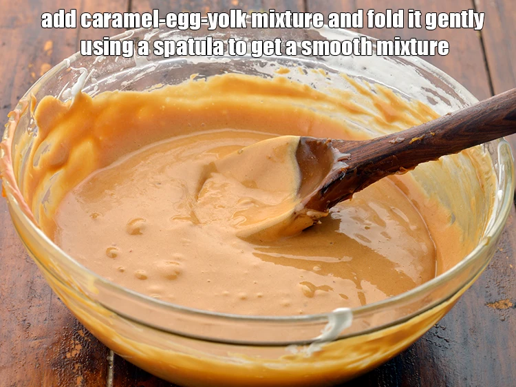 Step 5 – <p><span style="background-color:rgb(255,255,255);color:rgb(0,0,0);">Add the <strong>caramel-egg-yolk mixture</strong> and <strong>fold it gently</strong> using a spatula to get a …