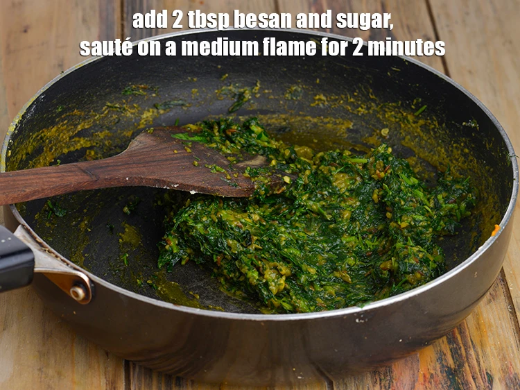 Step 13 – <p>Add <span style="background-color:rgb(255,255,255);color:rgb(0,0,0);">2 tbsp </span><a href="https://www.tarladalal.com/glossary-besan-chana-dal-flour-bengal-gram-flour-952i"><u>besan (Bengal gram flour)</u></a> <span style="background-color:rgb(255,255,255);color:rgb(0,0,0);">and 1 tbsp </span><a href="https://www.tarladalal.com/glossary-sugar-chini-shakkar-278i"><u>sugar</u></a><u>,</u><span …