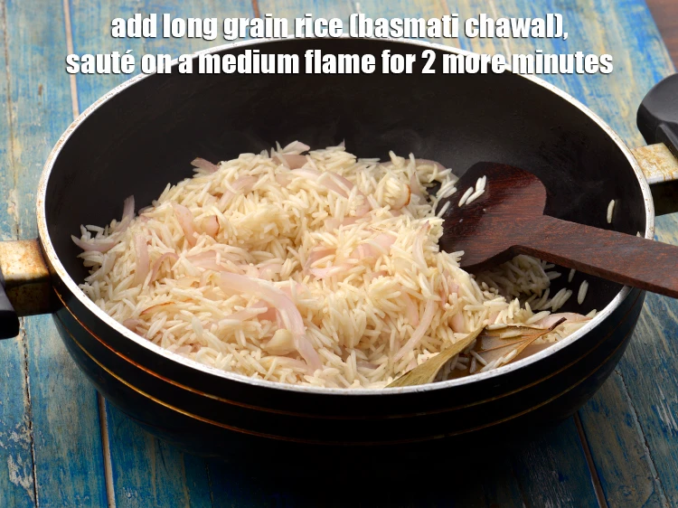 Step 3 – <p><span style="background-color:rgb(255,255,255);color:rgb(0,0,0);">Add the 1 cup </span><a href="https://www.tarladalal.com/glossary-long-grain-rice-basmati-chawal-basmati-rice-535i"><u>long grain rice (basmati chawal)</u></a><span style="background-color:rgb(255,255,255);color:rgb(0,0,0);"> and <strong>sauté</strong> on …