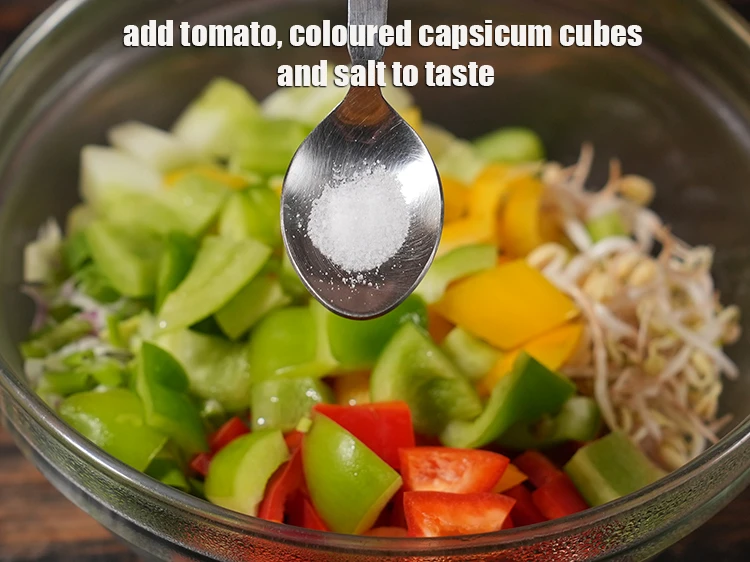 Step 3 – <p>Add <span style="background-color:rgb(255,255,255);color:rgb(0,0,0);">1/4 cup </span><a href="https://www.tarladalal.com/glossary-tomatoes-tamatar-639i#ing_2361"><u>chopped tomato</u></a><u>, </u><span style="background-color:rgb(255,255,255);color:rgb(0,0,0);">1/4 cup </span><a href="https://www.tarladalal.com/glossary-coloured-capsicum-coloured-bell-pepper-2798i#ing_2743"><u>coloured capsicum cubes</u></a><u> </u>and …