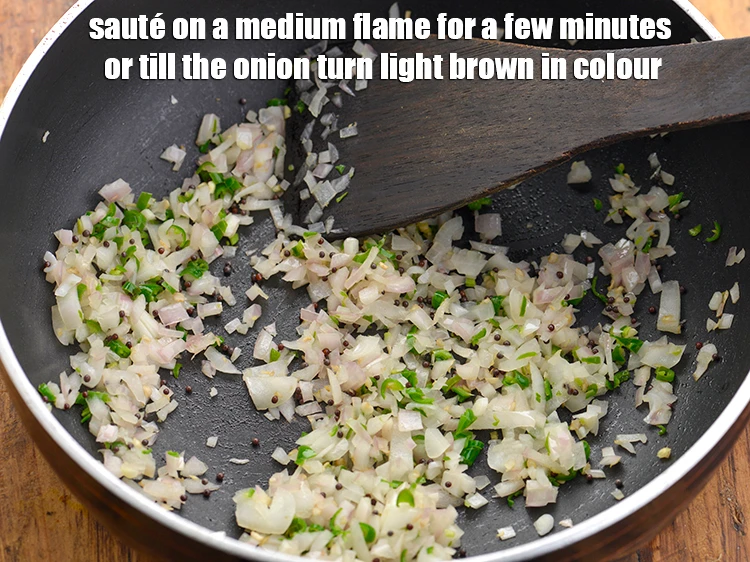 Step 14 – <p><strong>Sauté</strong> on a medium flame for a few minutes or till the onion turn light …