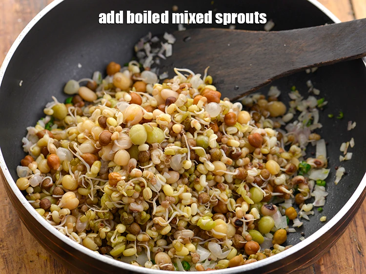 Step 15 – <p>Add the <span style="background-color:rgb(255,255,255);color:rgb(0,0,0);">1 1/2 cups </span><a href="https://www.tarladalal.com/glossary-mixed-sprouts-195i#ing_2886"><u>boiled mixed sprouts</u></a>. Instead of mixed sprouts, you …