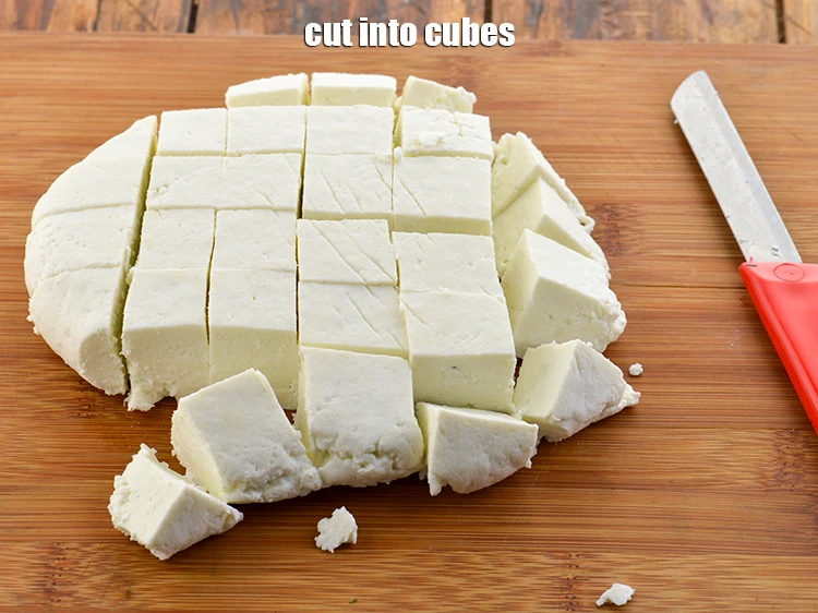 Step 3 – <p>Cut <strong>paneer</strong> into cubes. You can even chop them into strips if you like. If …