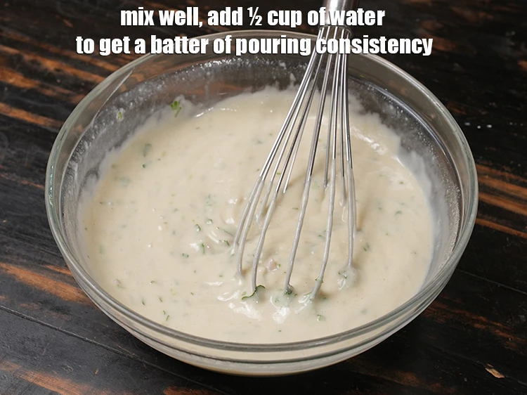 Step 14 – <p><span style="background-color:rgb(255,255,255);color:rgb(0,0,0);">Mix well. </span><span style="background-color:transparent;">Add ½ cup of <strong>water</strong> to get a batter of pouring …