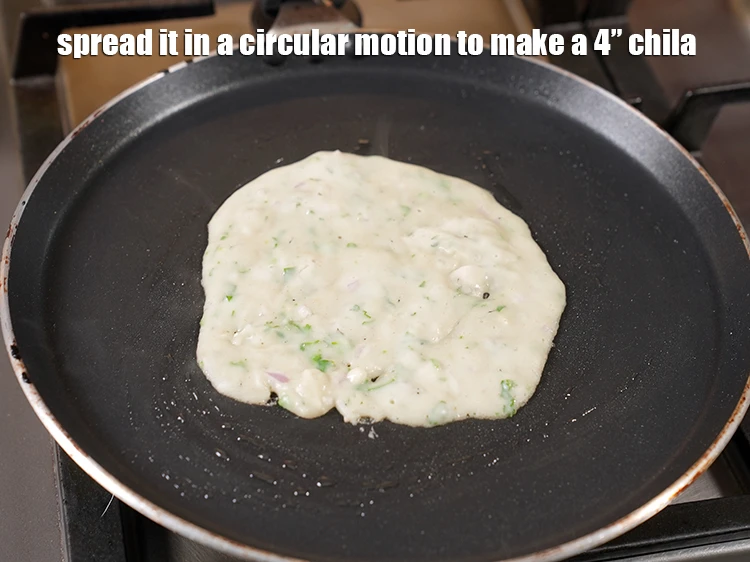 Step 18 – <p><span style="background-color:rgb(255,255,255);color:rgb(0,0,0);">Spread it in a circular motion to make a 4” </span><strong>Chilla</strong><span style="background-color:rgb(255,255,255);color:rgb(0,0,0);">.</span></p>