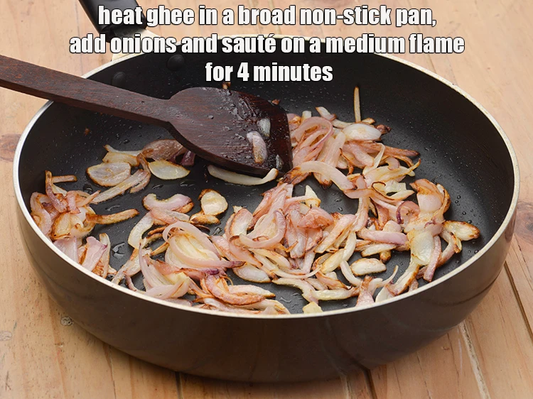 Step 4 – <p>To make the <strong>pulao,</strong> Heat the <span style="background-color:rgb(255,255,255);color:rgb(0,0,0);">2 tbsp </span><a href="https://www.tarladalal.com/glossary-ghee-245i"><u>ghee</u></a> in a broad non-stick …