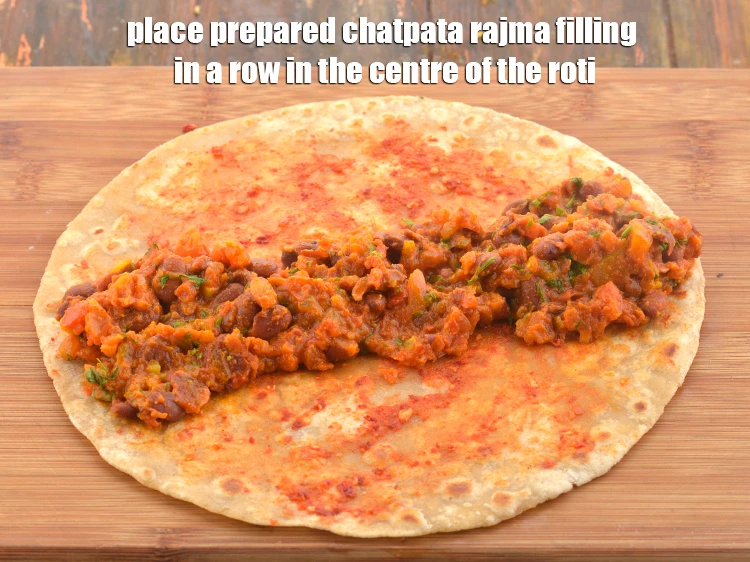 Step 48 – <p>Place 1/4th of the <strong>prepared chatpata rajma filling</strong> in a row in the centre of …