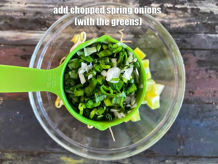 Step 7 – <p><span style="background-color:rgb(255,255,255);color:rgb(0,0,0);">Add 1/4 cup </span><a href="https://www.tarladalal.com/glossary-spring-onion-hara-pyaz-443i#ing_2475"><u>chopped spring onions </u></a><span style="background-color:rgb(255,255,255);color:rgb(0,0,0);">(with the greens).</span></p>