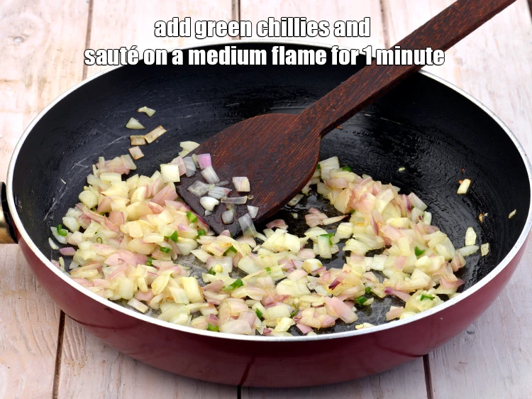 Step 3 – <p>Add <span style="background-color:rgb(255,255,255);color:rgb(0,0,0);">1 tsp finely </span><a href="https://www.tarladalal.com/glossary-green-chillies-hari-mirch-331i#ing_2388"><u>chopped green chillies</u></a><u> </u><span style="background-color:rgb(255,255,255);color:rgb(0,0,0);">and <strong>sauté</strong> on a medium …