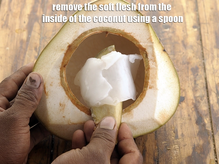 Step 4 – <p><span style="background-color:rgb(255,255,255);color:rgb(0,0,0);">Now remove the soft flesh from the inside of the </span><a href="https://www.tarladalal.com/glossary-tender-coconut-hara-nariyal-green-coconut-274i#ing_3418"><u>coconut meat (nariyal …