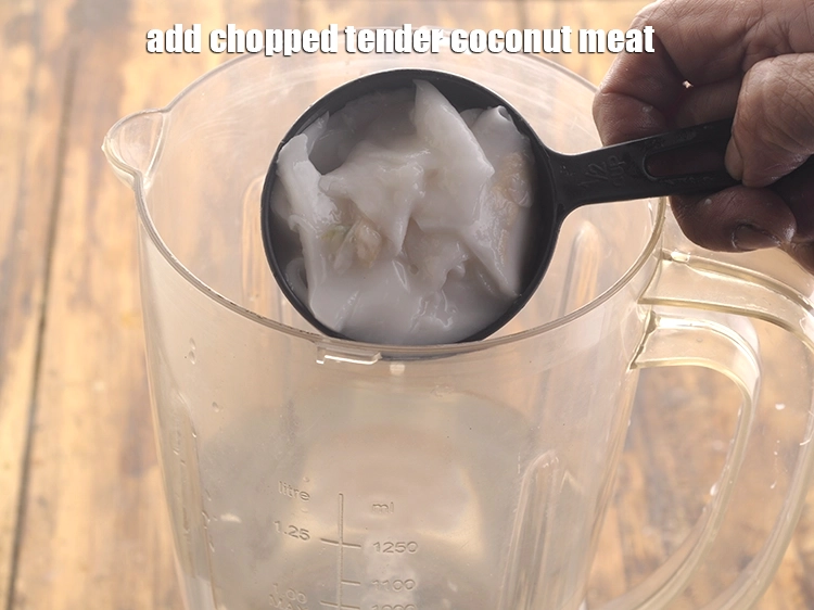 Step 6 – <p><span style="background-color:rgb(255,255,255);color:rgb(0,0,0);">Add 1/2 cup chilled </span><a href="https://www.tarladalal.com/glossary-tender-coconut-hara-nariyal-green-coconut-274i#ing_3418"><u>coconut meat (nariyal ki malai)</u></a><u>.</u></p>