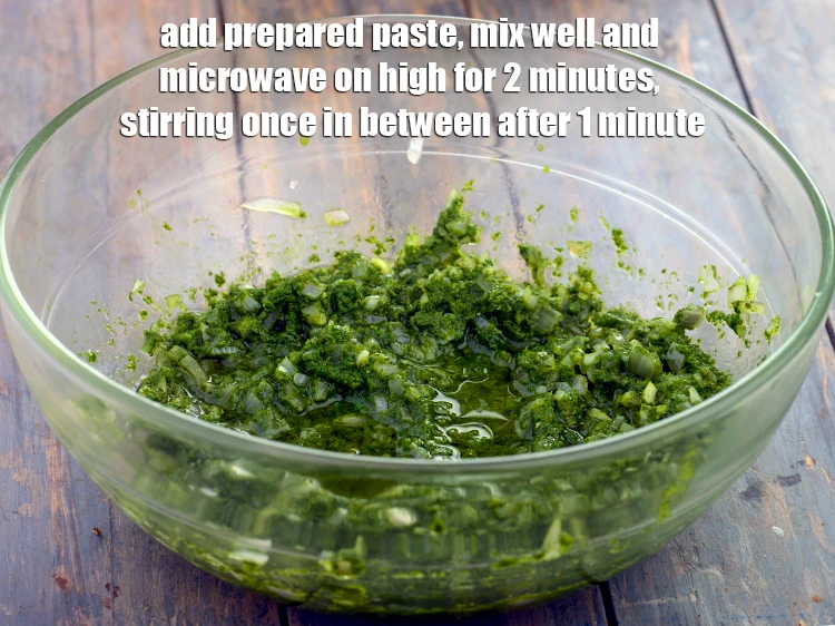Step 10 – <p>Add the <strong>prepared paste</strong>, mix well and <strong>microwave</strong> on high for 2 minutes, stirring once …
