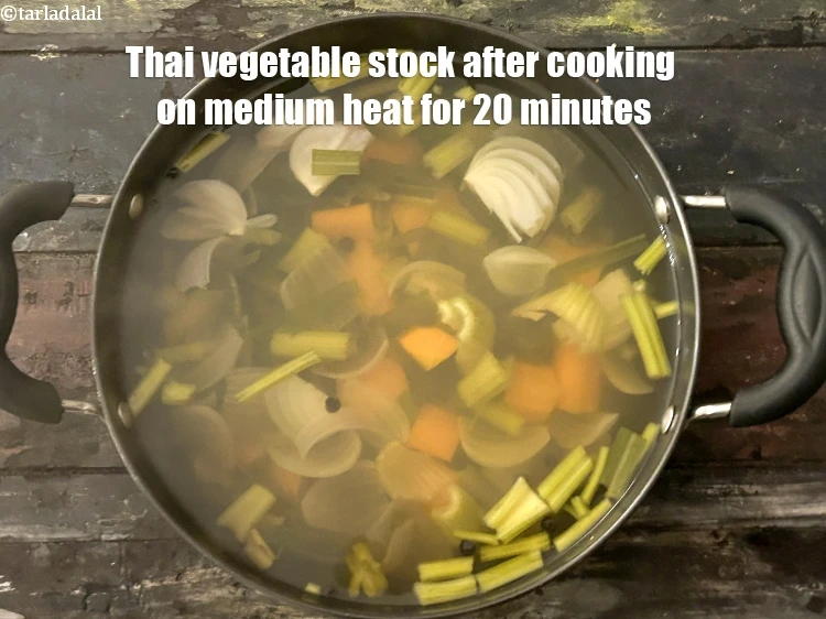Step 11 – <p>Thai vegetable stock after cooking for 20 minutes on medium heat.</p>