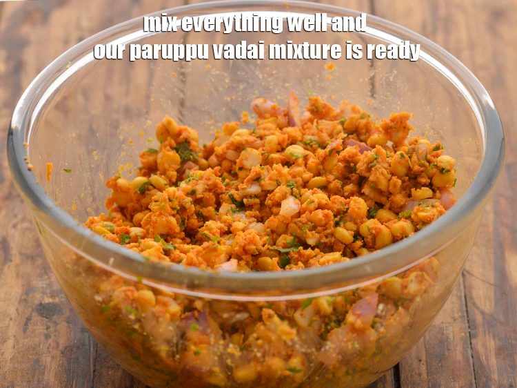 Step 30 – <p><strong>Mix everything well</strong> and our <strong>paruppu</strong> <strong>vadai</strong> mixture is ready. Mixture should not be very …