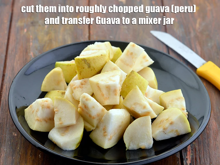 Step 2 – <p>Cut them into roughly chopped <strong>guava (peru)</strong> and transfer the 2 cups roughly <a href="https://www.tarladalal.com/glossary-guava-peru-amrood-amrud-463i#ing_3014"><u>chopped …