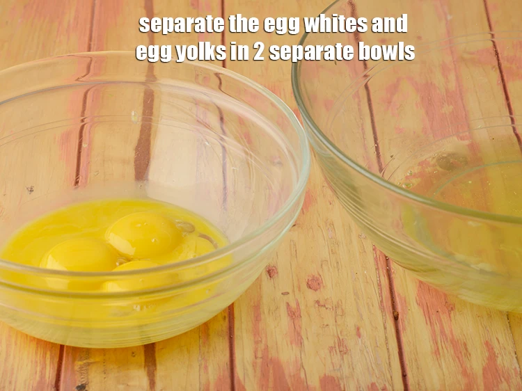 Step 2 – <p><span style="background-color:rgb(255,255,255);color:rgb(0,0,0);">Separate the <strong>egg whites</strong> and <strong>egg yolks</strong> in 2 separate bowls.</span></p>