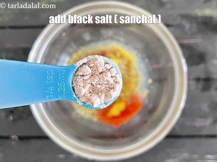 Step 9 – <html><head></head><body><p>Add 1/4 tsp&nbsp;<a href="glossary-black-salt-sanchal-kala-namak-422i">black salt (sanchal)</a>. This has a distinct flavour which is different from …