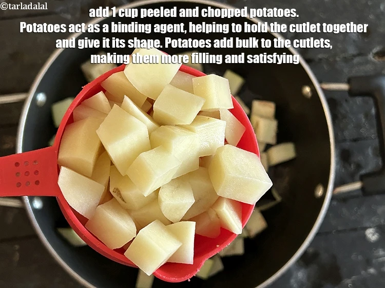 Step 10 – <html><head></head><body><p>Add&nbsp;1 cup&nbsp;peeled and&nbsp;<a href="glossary-chopped-potatoes-787i">chopped potatoes</a>.&nbsp;Potatoes act as a binding agent,&nbsp;helping to hold the cutlet together …