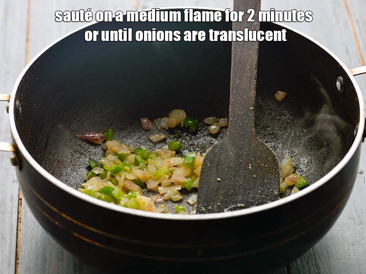 Step 7 – <p><strong>Sauté </strong>on a medium flame for 2 minutes or until onions are translucent.</p>