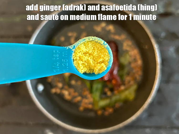 Step 10 – <p>Add 1 tsp finely <a href="https://www.tarladalal.com/glossary-ginger-adrak-453i#ing_2366"><u>chopped ginger (adrak)</u></a><u> </u>and 1/4 tsp <a href="https://www.tarladalal.com/glossary-asafoetida-hing-113i"><u>asafoetida (hing)</u></a><u> </u><span …