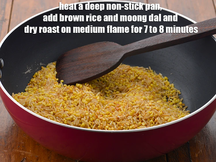 Step 3 – <p><span style="background-color:rgb(255,255,255);color:rgb(0,0,0);">Heat a deep non-stick pan, add the <strong>brown rice and moong dal</strong> and <strong>dry …