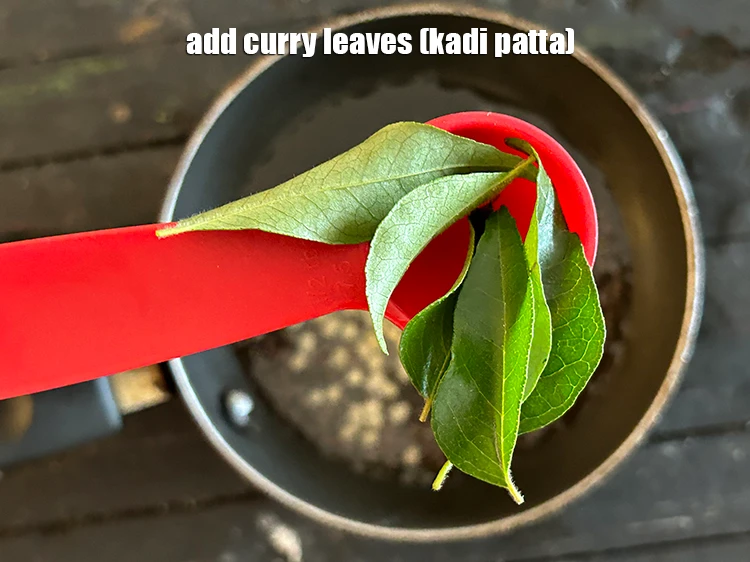 Step 8 – <p><span style="background-color:rgb(255,255,255);color:rgb(0,0,0);">When the seeds crackle, add </span>4 <a href="https://www.tarladalal.com/glossary-curry-leaves-kadi-patta-kadipatta-388i"><u>curry leaves (kadi patta)</u></a><u>.</u></p>