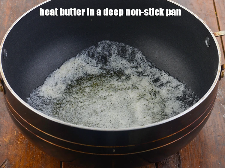 Step 3 – <p><span style="background-color:rgb(255,255,255);color:rgb(0,0,0);">Heat 1 tbsp of </span><a href="https://www.tarladalal.com/glossary-butter-makhan-233i"><u>butter</u></a><span style="background-color:rgb(255,255,255);color:rgb(0,0,0);"> in a deep non-stick pan.</span></p>