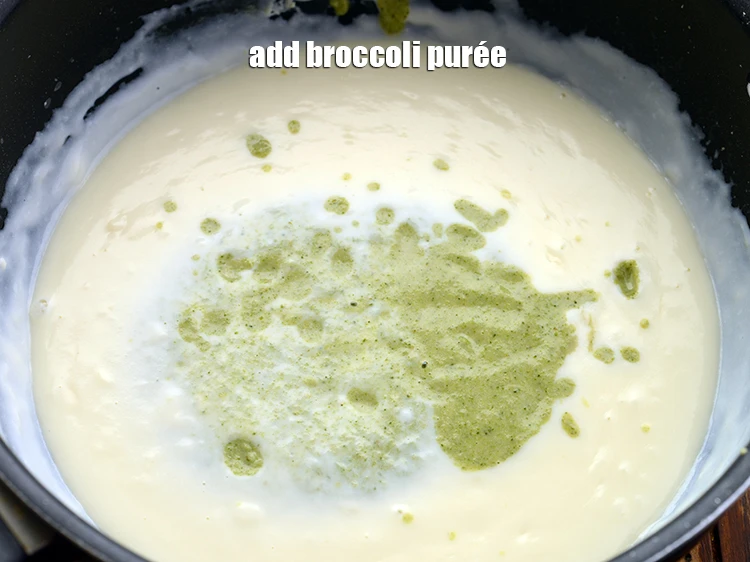 Step 15 – <p><span style="background-color:rgb(255,255,255);color:rgb(0,0,0);">Add the <strong>broccoli puree</strong>.</span></p>