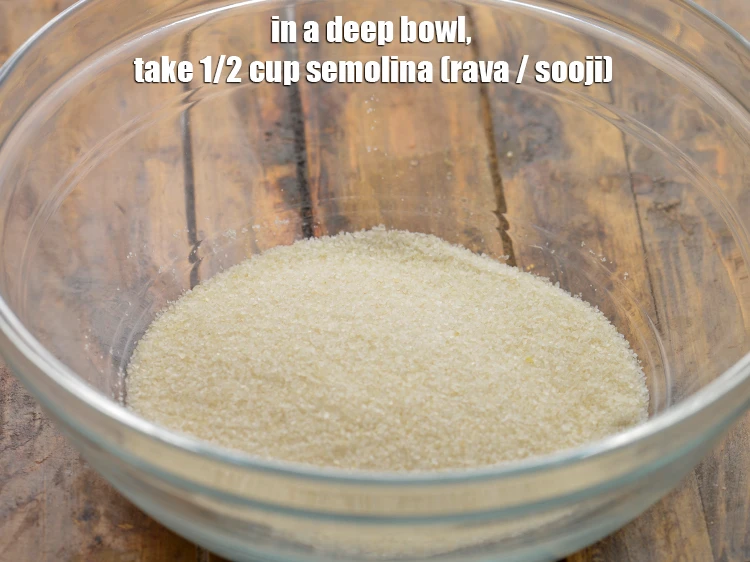 Step 2 – <p>For making the&nbsp;<strong>Mini Rava Vegetable Pankcake</strong>, in a deep bowl, take 1/2 cup <a href="https://www.tarladalal.com/glossary-semolina-sooji-rava-rawa-603i"><u>semolina …