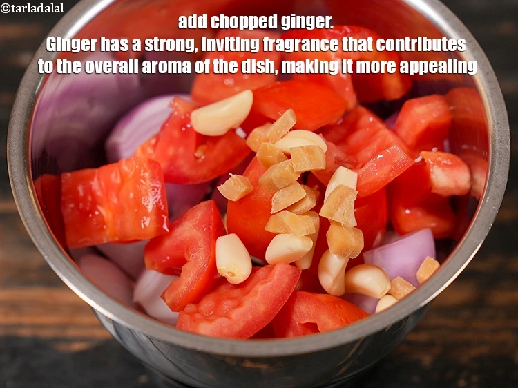 Step 6 – <p>Add 1 tsp <a href="https://www.tarladalal.com/glossary-chopped-ginger-786i">chopped ginger (adrak)</a>. Ginger has a strong, inviting fragrance that contributes …
