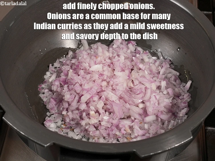 Step 9 – <p>Add 1 cup finely <a href="https://www.tarladalal.com/glossary-chopped-onions-722i">chopped onions</a>. Onions are a common base for many Indian …