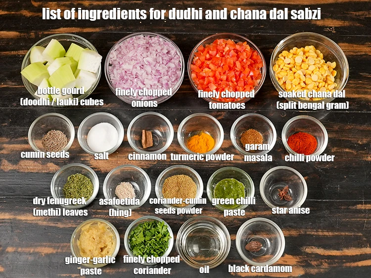 Step 2 – <p><i><u>See the below image of list of ingredients for </u><strong><u>dudhi and chana dal sabzi.</u></strong></i></p>