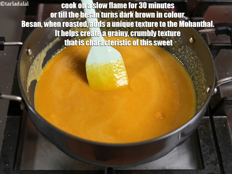 Step 13 – <p><span style="background-color:rgb(255,255,255);color:rgb(0,0,0);">Cook on a slow flame for 30 minutes or till the besan turns dark …