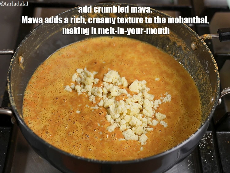 Step 15 – <p><span style="background-color:rgb(255,255,255);color:rgb(0,0,0);">Add ½ cup crumbled mava. Mawa adds a rich, creamy texture to the mohanthal, …