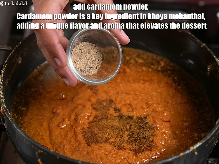 Step 22 – <p>Add ½ tsp <a href="https://www.tarladalal.com/glossary-cardamom-powder-elaichi-powder-265i">cardamom (elaichi) powder</a>. Cardamom powder is a key ingredient in khoya …