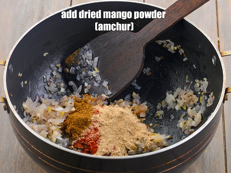 Step 21 – <p>Add the 1 tsp <a href="https://www.tarladalal.com/glossary-dried-mango-powder-amchur-powder-148i"><u>dried mango powder (amchur)</u></a>. You can also use lemon juice …