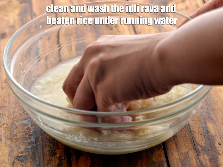 Step 4 – <p>Clean and wash the idli rava and beaten rice under running water.</p>