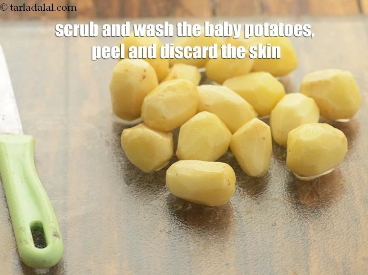 Step 33 – <p>Scrub and wash the baby potatoes, peel and discard the skin. Alternatively, you can slit …