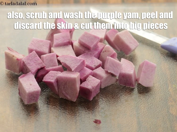 Step 37 – <p>Also, scrub and wash the <a href="https://www.tarladalal.com/glossary-purple-yam-kand-baingani-yam-486i"><u>purple yam (kand)</u></a>, peel and discard the skin &amp; …